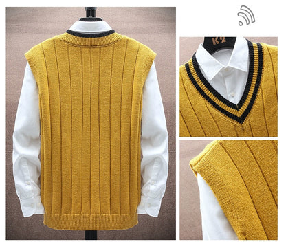 sanyamk 151 Autumn Winter Men Knitted Sweater Waistcoat Fashion Campus Casual Color Contrast Sleeveless Stripe V-Neck Patchwork Vest