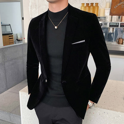 sanyamk Fall Winter Gold Velvet Blazer High Quality Slim Fit Suit Jacket Fashion Casual Men Groom Singer Costume Formal Evening Dress