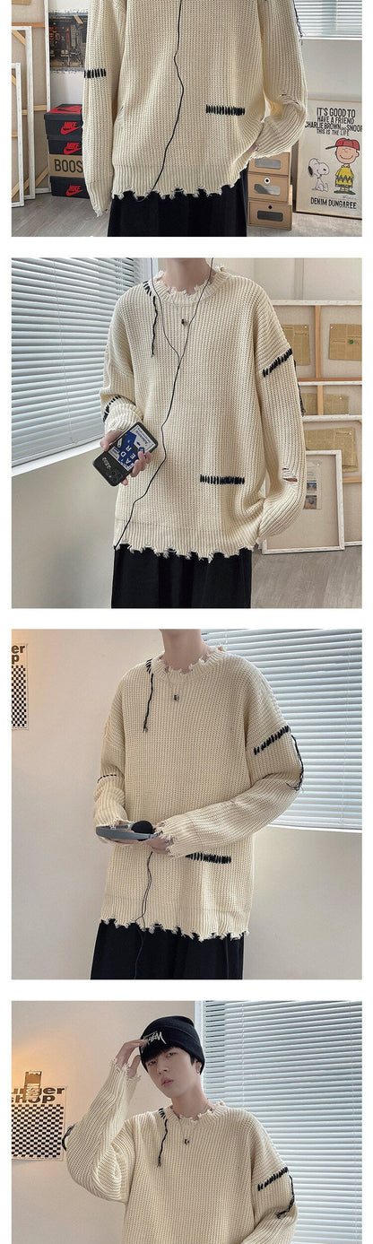 Bonsir Spring Autumn Ins High Street Ripped Sweater Men's Hole Loose Lazy Knitted Pullover Harajuku Version Trend Student Streetwear