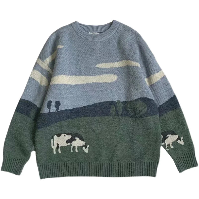 sanyamk Men Cows Vintage Winter Sweaters Pullover Mens O-Neck Korean Fashions Sweater Women Casual Harajuku Clothes