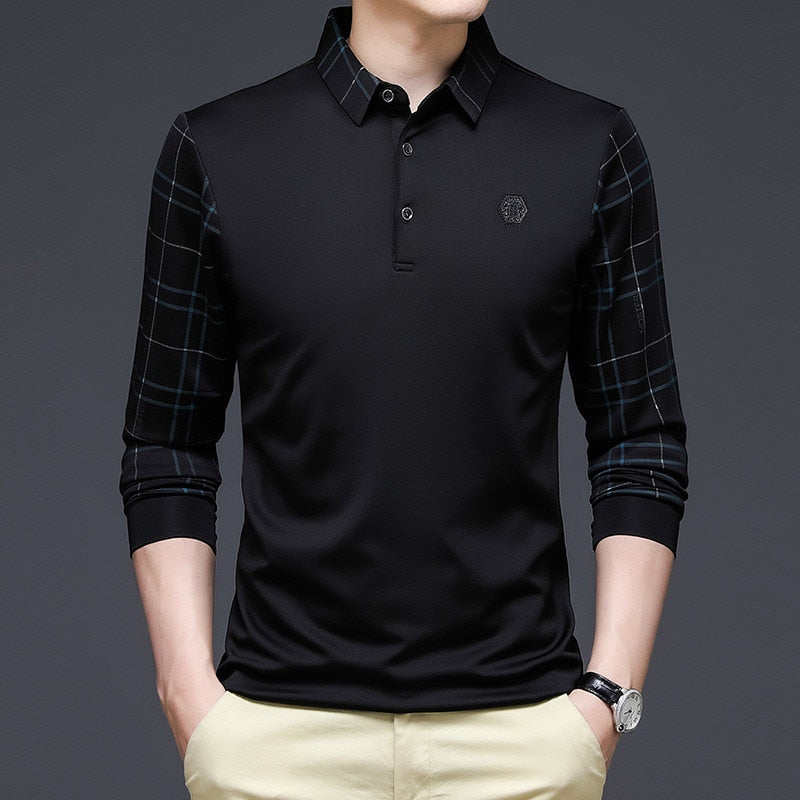 sanyamk New Fashion Solid Polo Shirt Men Korean Fashion Clothing Long Sleeve Casual Fit Slim Man Polo Shirt Button Collar Tops