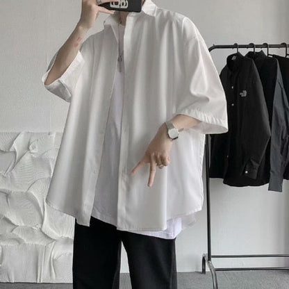 sanyamk Men Shirts Harajuku Black White Simple Short Sleeve Korean Style Draped Loose Plus Size S-3XL Hip-hop Summer All-match Outwear