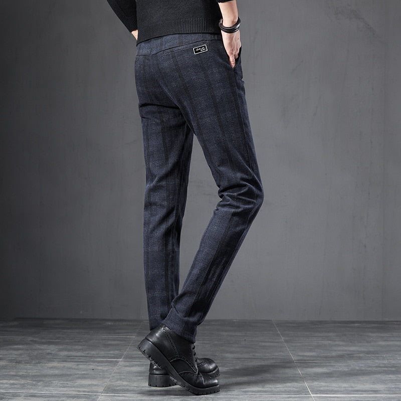 Bonsir Autumn Winter England Plaid Work Stretch Pants Men Business Fashion Slim Thick Grey Blue Casual Pant Male Brand Trousers 38