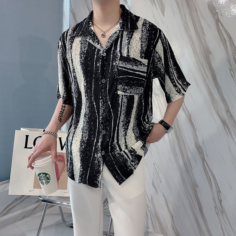 Bonsir Summer Pleated Shirts Men Slim Fashion Retro Pocket Casual Shirts Men Streetwear Korean Tie-dye Shirts Mens Dress Shirts M-2XL