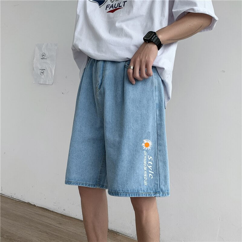 sanyamk  summer denim shorts men's trendy straight baggy pants casual versatile handsome five point pants streetwear gym