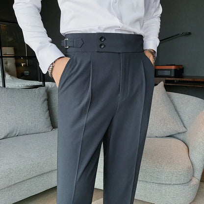 sanyamk New Design Men High Waist Trousers Solid England Business Casual Suit Pants Belt Waistline Straight Slim Fit Bottoms Clothing