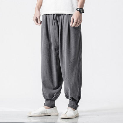 Bonsir Cotton Harem Pants Men Solid Elastic Waist Streetwear Joggers New Baggy Drop-crotch Pants Casual Trousers Men