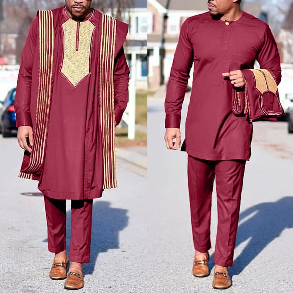 sanyamk H&amp;D African Agbada Suit For Men Embroidered Robes Dashiki Cover Shirt Pants 3 PCS Set Boubou Africain Homme Musulman Ensembles