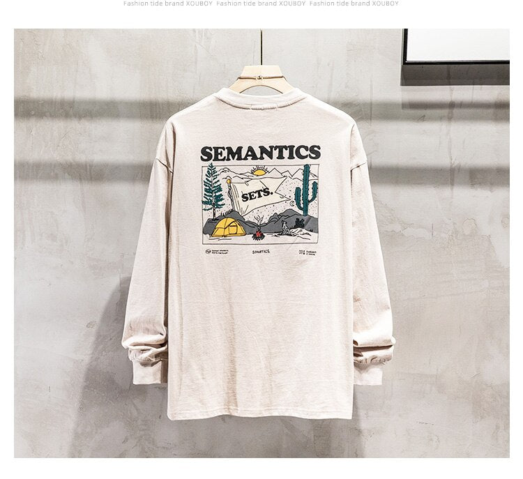 Bonsir Autumn Men T-Shirt High Street Funny Personality Cartoon Letter Printing Couple Ins Handsome Hip Hop Long Sleeve Pullovers Tees