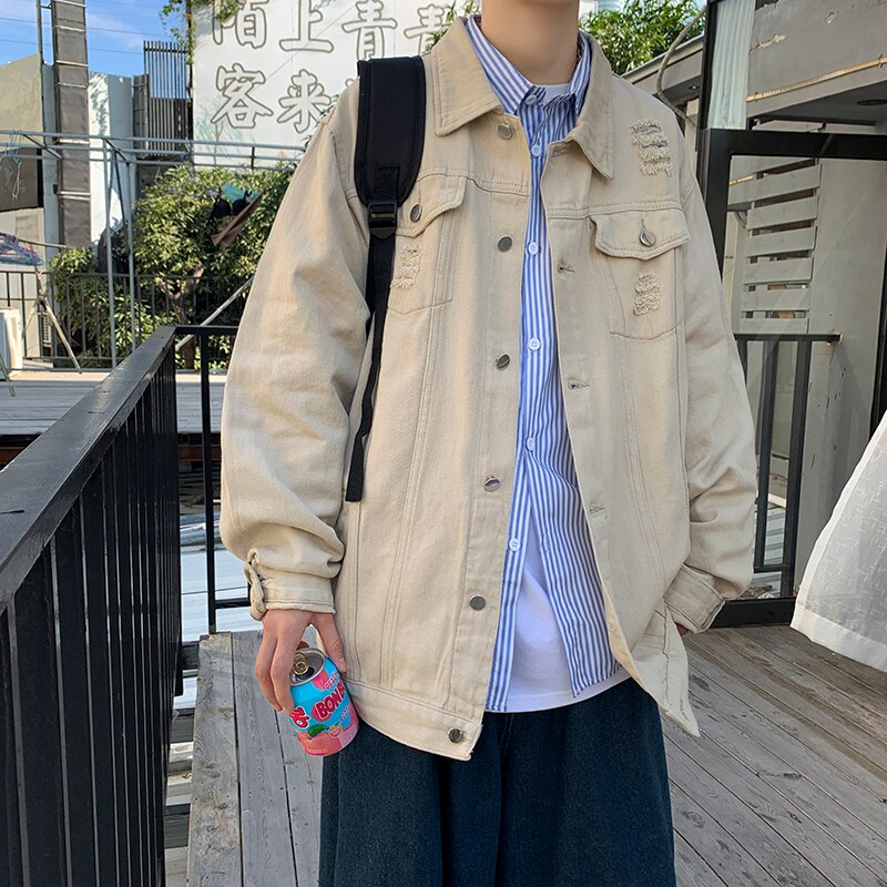 sanyamk Men Autumn New Denim Jackets Solid Casual Jean Jacket Rice White/Black/Army green Korean Fashion Jeans Coat Loose Outerwear