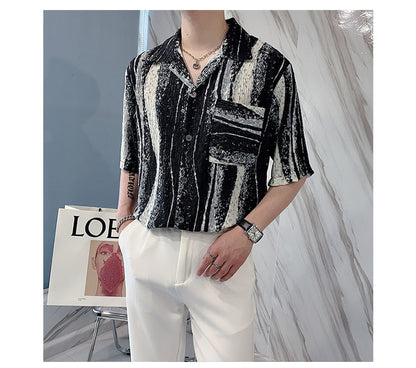 Bonsir Summer Pleated Shirts Men Slim Fashion Retro Pocket Casual Shirts Men Streetwear Korean Tie-dye Shirts Mens Dress Shirts M-2XL