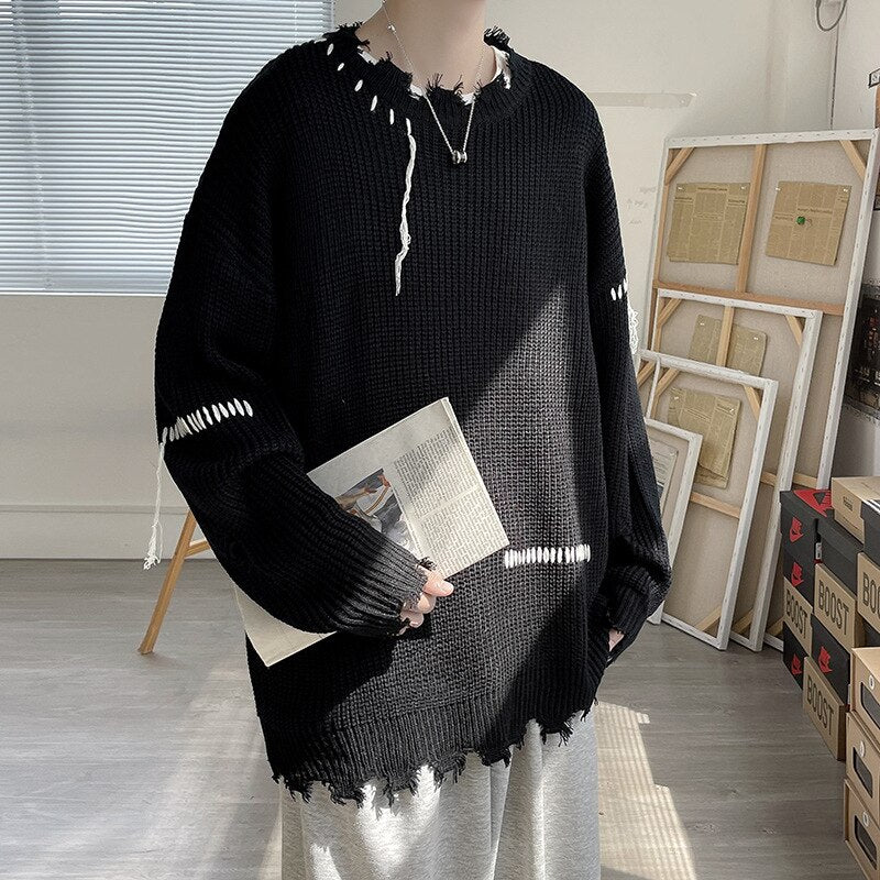 Bonsir Spring Autumn Ins High Street Ripped Sweater Men's Hole Loose Lazy Knitted Pullover Harajuku Version Trend Student Streetwear