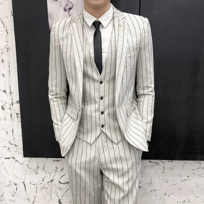 sanyamk Striped men's suit 3-Pieces Blazers+Pant Fashion Korean Slim Fit Casual men's tuxedo wedding men suits groom suit men's business