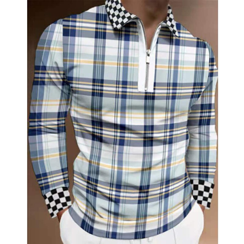 Bonsir New Spring Autumn StreetwearLong Sleeve Polo Shirts Men Fashion Plaid Polo Male Clothing Casual Turn-down Collar Zipper Tops