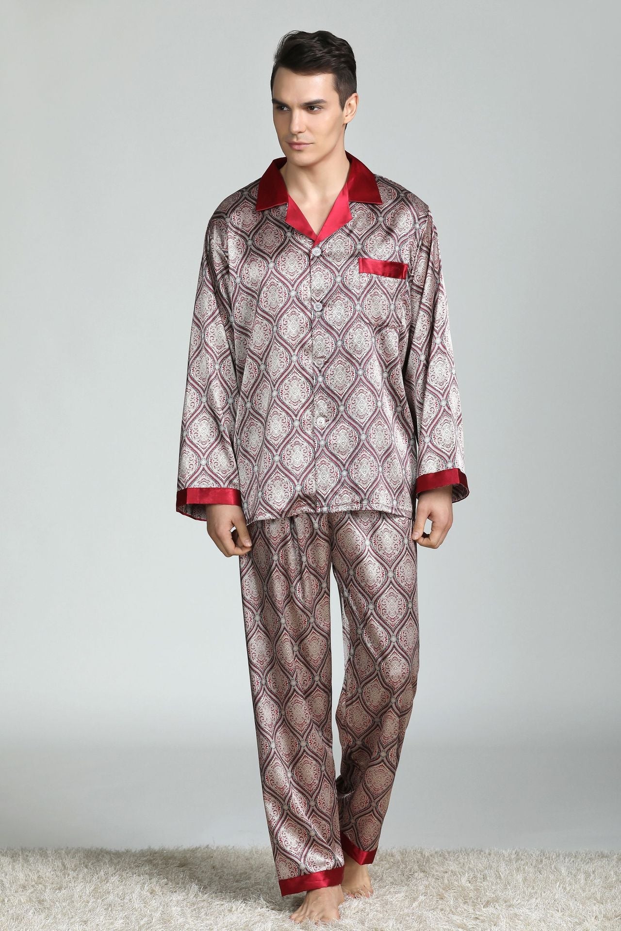 sanyamk Silk Pajamas for Men Sleepwear V-collar Cozy Soft  long sleeve nightgown Tops + Trousers Two Pieces Mens Pajama Set Pajamas Men