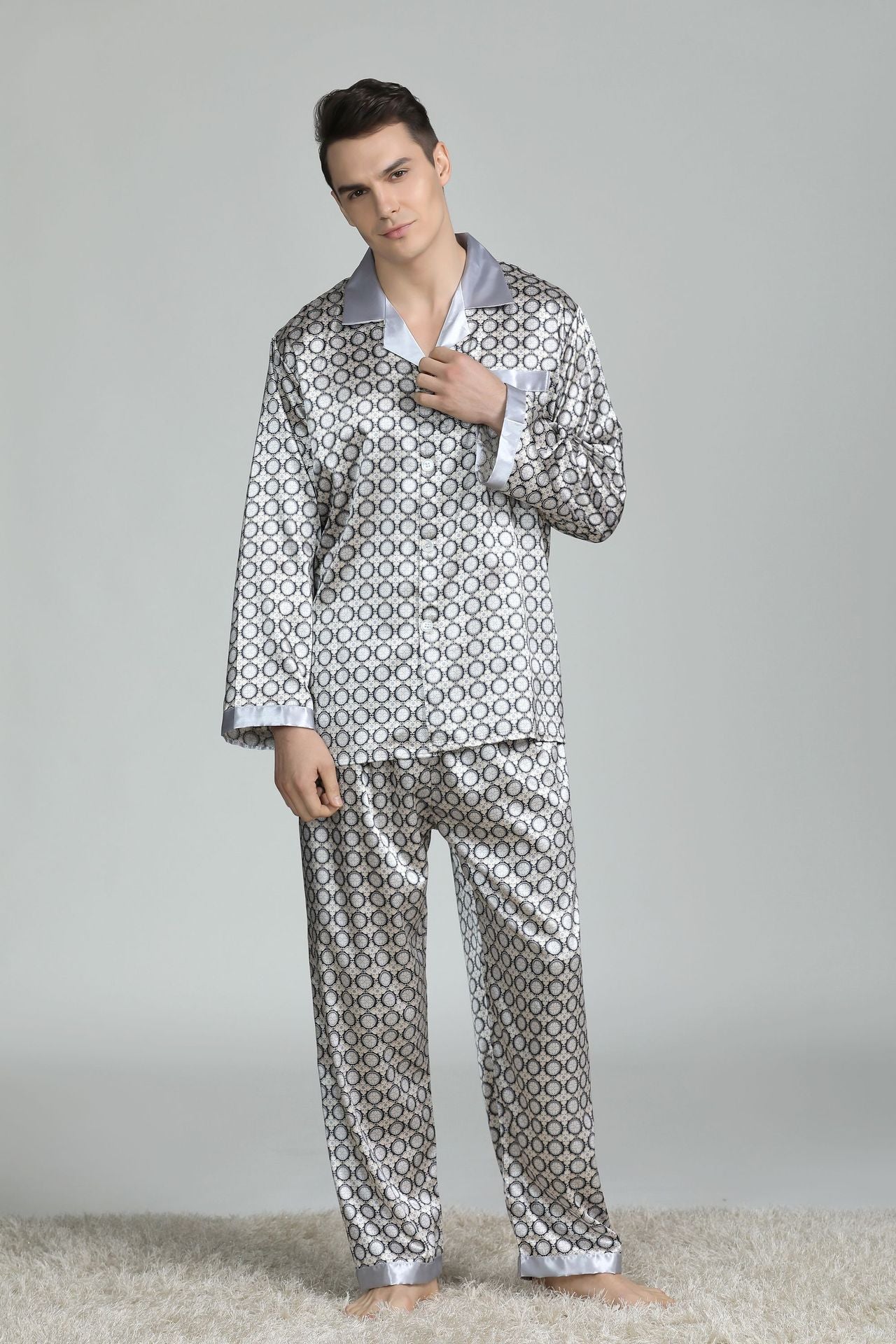 sanyamk Silk Pajamas for Men Sleepwear V-collar Cozy Soft  long sleeve nightgown Tops + Trousers Two Pieces Mens Pajama Set Pajamas Men