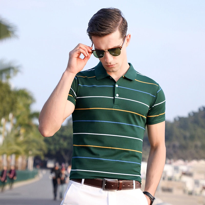 sanyamk Top Grade New Summer Brand Mens Striped Turn Down Collar Polo Shirts With Short Sleeve Casual Tops Fashions Men's Clothing