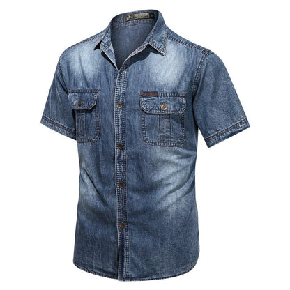 sanyamk New Mens Denim Shirts Short Sleeve Retro Light Blue Men Summer Shirt Jean Jacket Casual Buttons Tops Male Denim Shirt