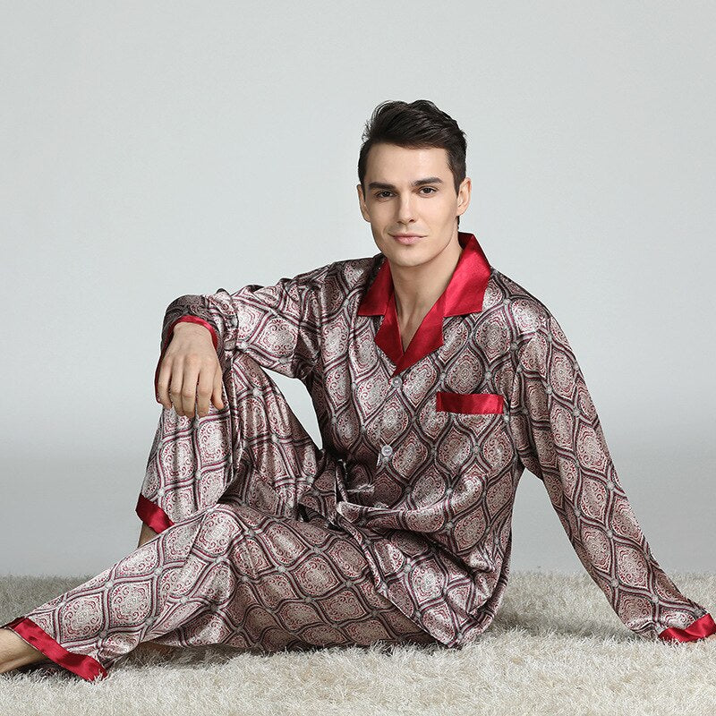 sanyamk Silk Pajamas for Men Sleepwear V-collar Cozy Soft  long sleeve nightgown Tops + Trousers Two Pieces Mens Pajama Set Pajamas Men