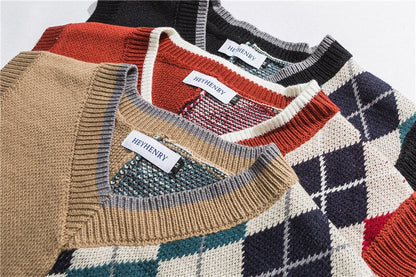 Bonsir Japanese Loose Couple Patchwork Argyle Sweater Vest Men's New Autumn Fashion Harajuku Letter Embroidery Man Pullover Vest