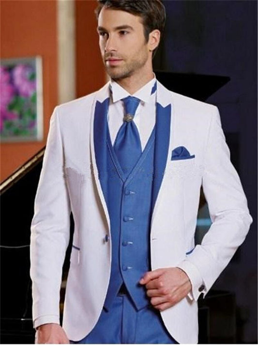 sanyamk New Arrival Men Suits White and Blue Groom Tuxedos Peak Lapel Groomsmen Wedding Best Man ( Jacket+Pants+Vest+Tie ) C713