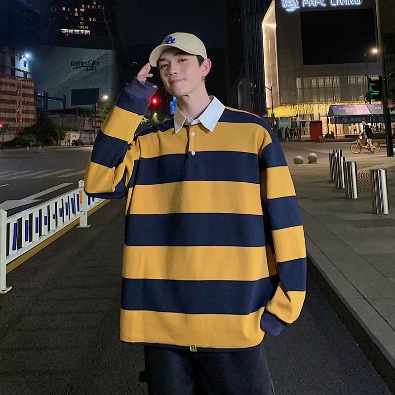 sanyamk Spring Autumn Men Striped Lapel T-shirt Trend Polo Collar Loose Long-sleeved Tshirts Ins All-match Pullover Tees British Gentle