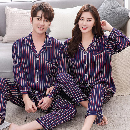 sanyamk New Lounge Wear Women Nightwear Satin PJS Suit Couple Pajamas Set 2PCS Shirt&Pants Soft Striped Lovers Sleepwear Homewear