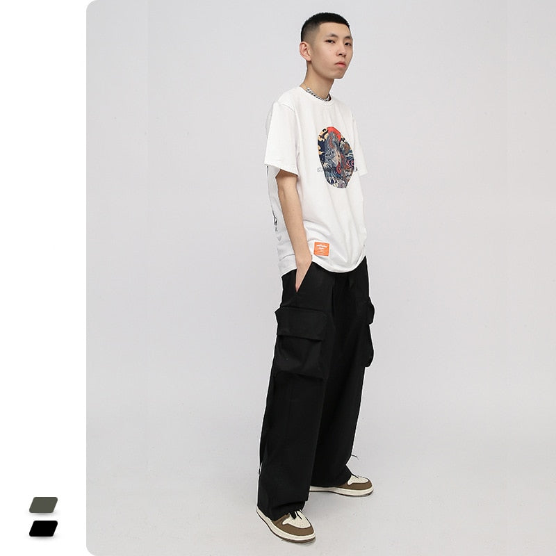 Bonsir New Japanese Fresh Cargo Pants Men Loose Wide-Leg Casual Streetwear Trousers Hip-Hop Straight Solid Color Multi-Pocket Clothing