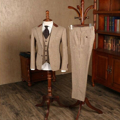 Brown Classic Plaid Tweed Suit for Men Slim fit Groom Wedding Tuxedo Blazer Male Formal Business Jacket Vest Pants 3 Piece