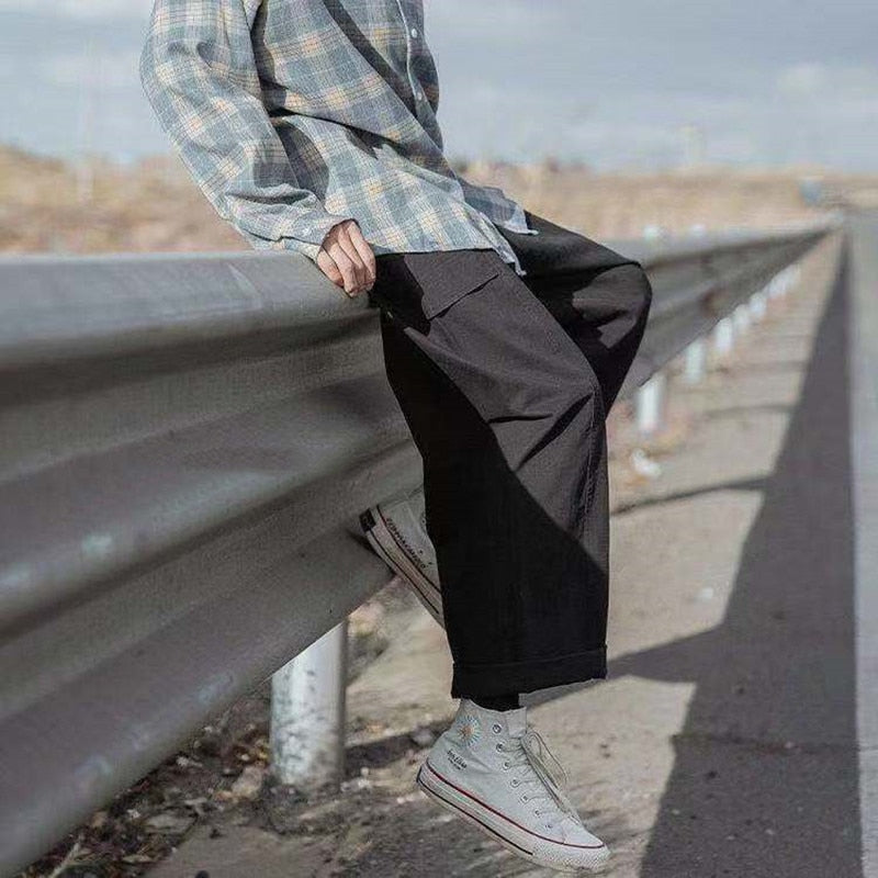 sanyamk Japanese Style Men's Retro Loose Overalls Casual Pants Elastic Waist Black Color Trousers Fashion Trend Baggy Wide Leg Pants