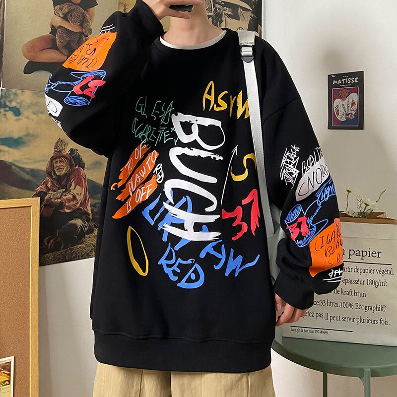 Bonsir Letter Graffiti Loose Men Sweatshirts Fashion Korean Clothing Designer Brand Male Hoodies Spring Autumn Pullovers