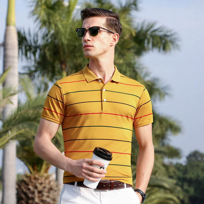 sanyamk Top Grade New Summer Brand Mens Striped Turn Down Collar Polo Shirts With Short Sleeve Casual Tops Fashions Men's Clothing