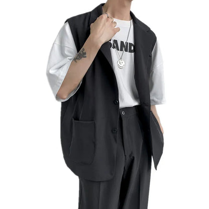 sanyamk  -  Korean fashion versatile men's loose suit collar vest hairdresser clothing BF style youth casual coat trend