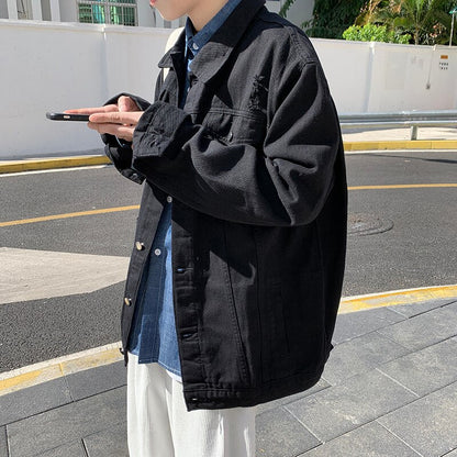 sanyamk Men Autumn New Denim Jackets Solid Casual Jean Jacket Rice White/Black/Army green Korean Fashion Jeans Coat Loose Outerwear