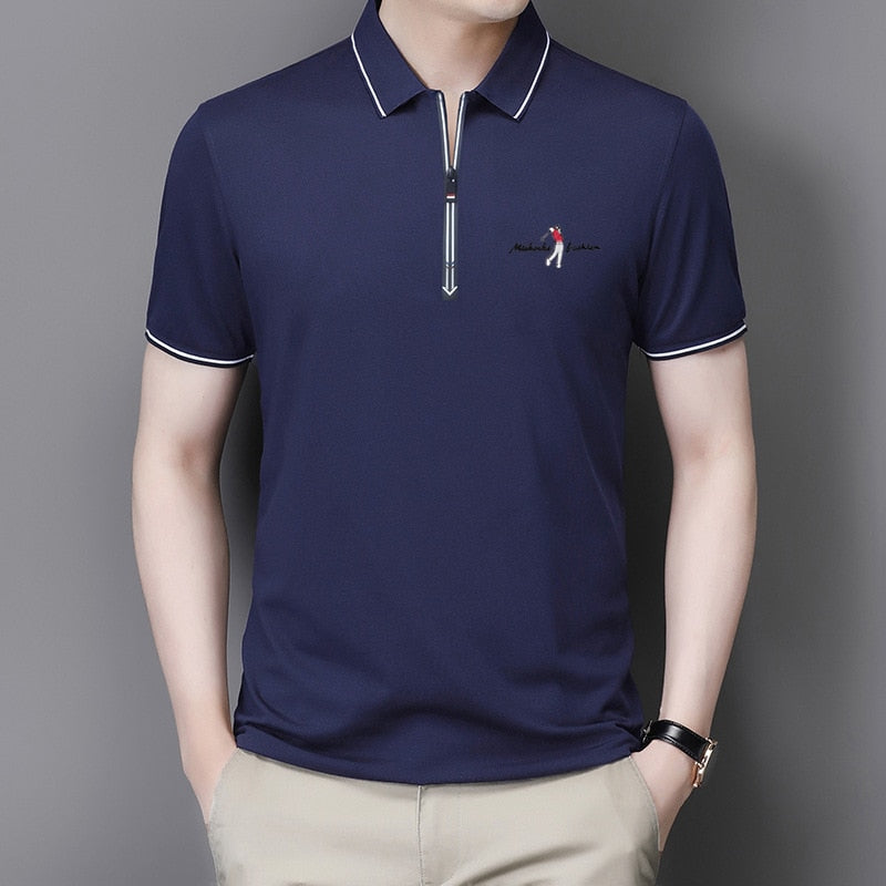 sanyamk Golf Polo Shirts For Men Summer New Short Sleeve Zipper Lapel Tops Casual Slim Trend Good Quality Tees 2021 Hommes Clothing