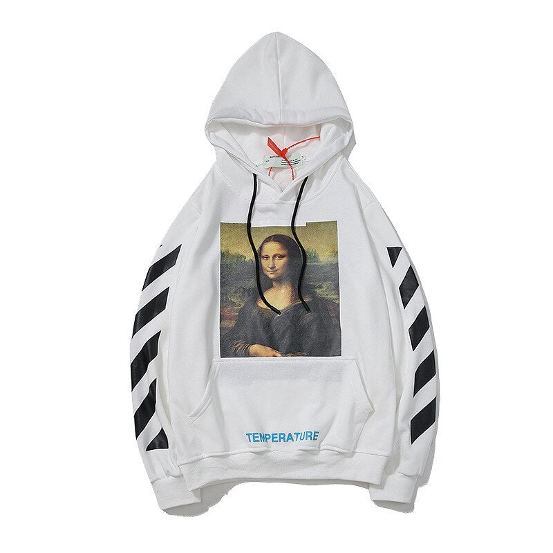 Bonsir High Street Mona Lisa Print Trend Functional Multi-pocket Design Hoodie Pullover Unisex Harajuku Hip Hop Hooded Sweatshirt Tops