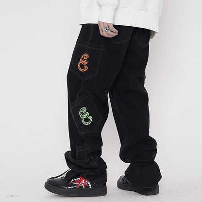 Bonsir Retro Pocket Letter Print Straight Cargo Pants Men and Women Oversize Jeans Trousers Harajuku Streetwear Casual Denim Trousers