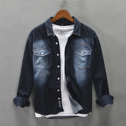 sanyamk New Fashion Men Denim Shirts Jacket Vintage Cotton Jeans Shirt Long Sleeve Clothing