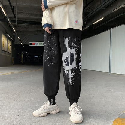 Bonsir Kongfu style country Street painted casual jogger pants men's ruffian handsome nine legged pants fat large pants men joggers