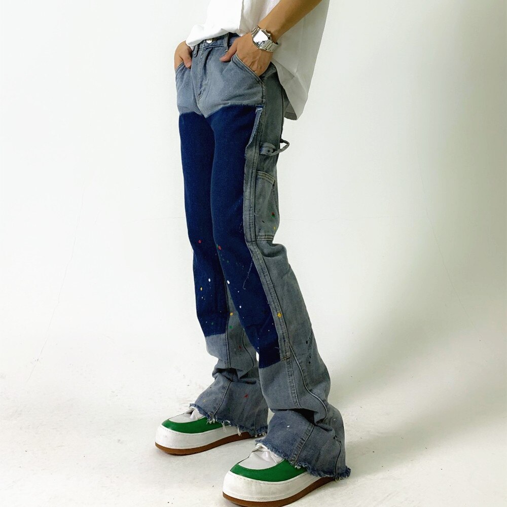 sanyamk High Street Inkjet Patchwork Blue Men Hip Hop Flares Jeans Pants Straight Retro Washed Distressed Denim Trousers Pantalon