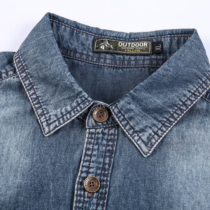 sanyamk New Mens Denim Shirts Short Sleeve Retro Light Blue Men Summer Shirt Jean Jacket Casual Buttons Tops Male Denim Shirt