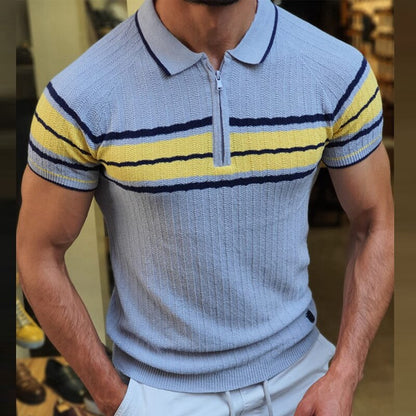 sanyamk Vintage Striped Print Mens Polo Shirt Summer Short Sleeve Knitted T Shirts Casual Turn-down Collar Zipper Tops For Men Clothing