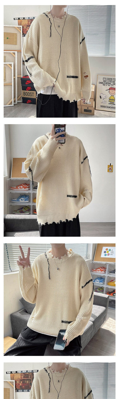 Bonsir Spring Autumn Ins High Street Ripped Sweater Men's Hole Loose Lazy Knitted Pullover Harajuku Version Trend Student Streetwear