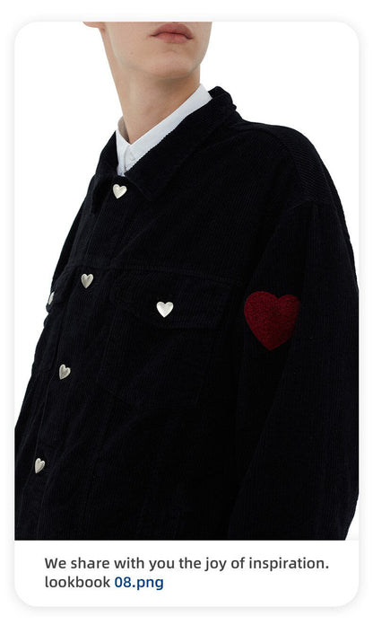 sanyamk Men Cargo Corduroy Jacket Vintage Loose Casual Couple Heart Graphic Button Candy Color Handsome Pleated Streetwear Coat