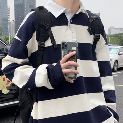 Bonsir Autumn Lapel Hoodie Men's Fashion Hit Color Casual Striped Hoodies Mens Streetwear Loose Hip-hop Pullover Sweatshirt Men Hoody