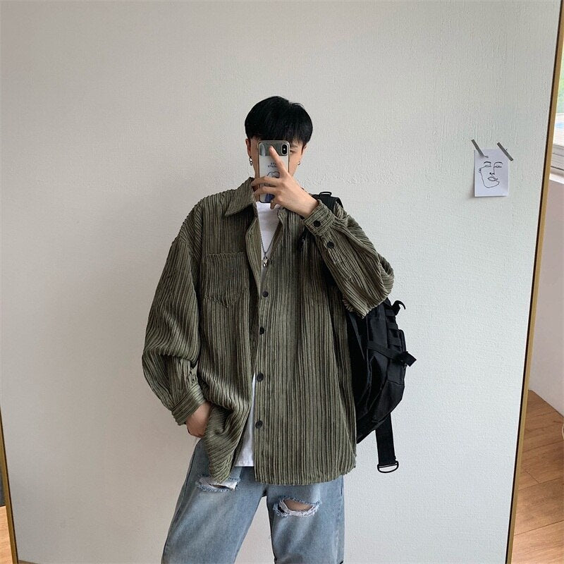 sanyamk Autumn Corduroy Shirt Men Fashion Retro Solid Color Cotton Casual Shirt Man Streetwear Wild Loose Long-sleeved Shirts Men M-2XL