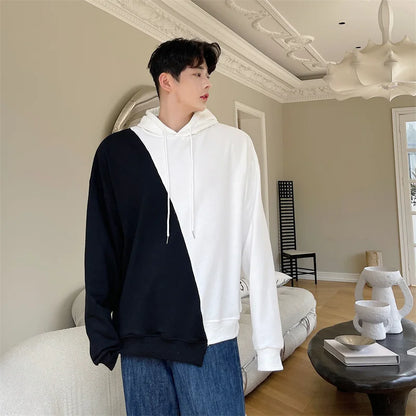 sanyamk Autumn men's black and white contrast color Pullover Hooded Sweater Korean youth high street hip hop loose casual coat trend