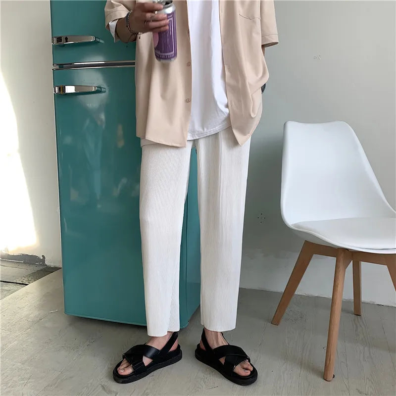 Bonsir Korean version Pleated Straight Pants Men's NEW Fashion Elastic Waist Casual Pants Men Streetwear Ice Silk Trousers Mens Pants