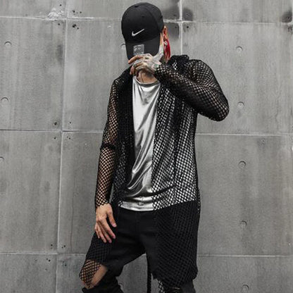 sanyamk Nightclub DJ singer sexy mesh hip hop punk rock t shirt long tops with waist rope mens harajuku gothic hooded tee shirts cloak