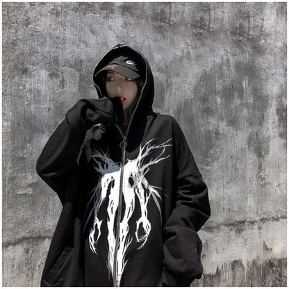 Bonsir Demon Slayer Fashion Men Evil Print Hoodies Black Zip Up Cardigan Hooded Sweatshirt Mens Streetwear Loose Plus Size Hoodie Oodie